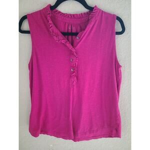 LOFT Pink FUSIA Sleeveless RUFFLE Tank/shirt BUTTON Front V-Neck‎ Top Size M